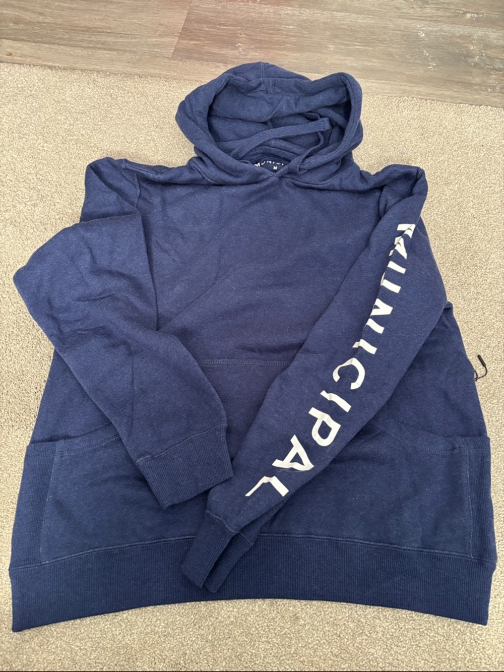 Men's Navy Hooded Pullover with White Sleeve Lettering